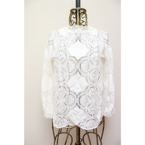 Sezane Bianca Ecru White Lace High Neck Collar Blouse Top Size 34/US 2 - Picture 2 of 5